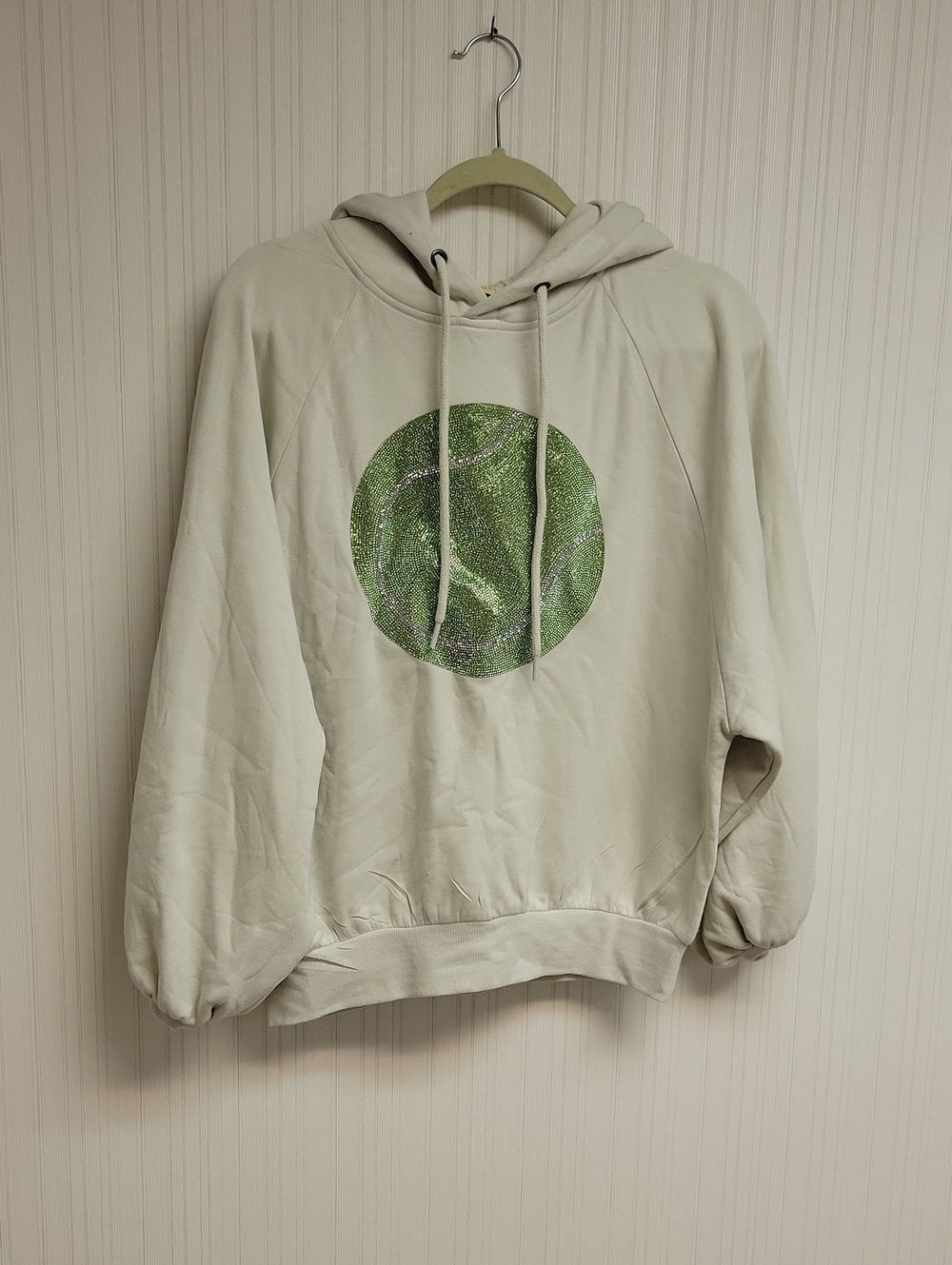 Judith March Women's Cream Hoodie Green Sequin Tennis Ball Medium Fall